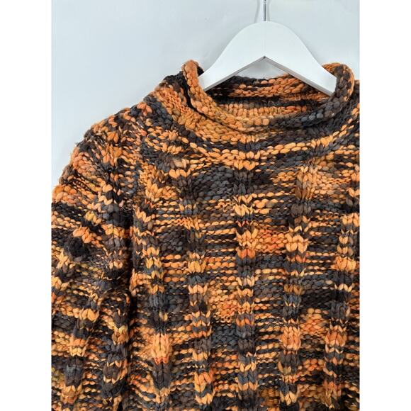 Handmade Sweater Womens Small Orange Black Chunky Knit Pullover Mock Neckline - Picture 7 of 16